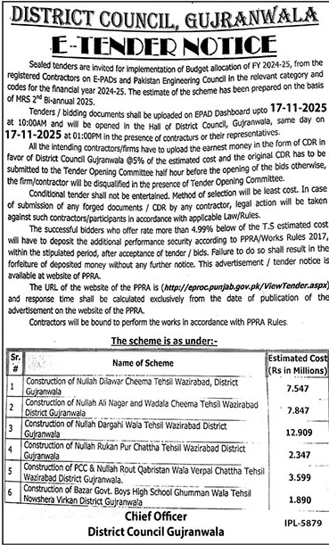 District Council Gujranwala Tender Notice